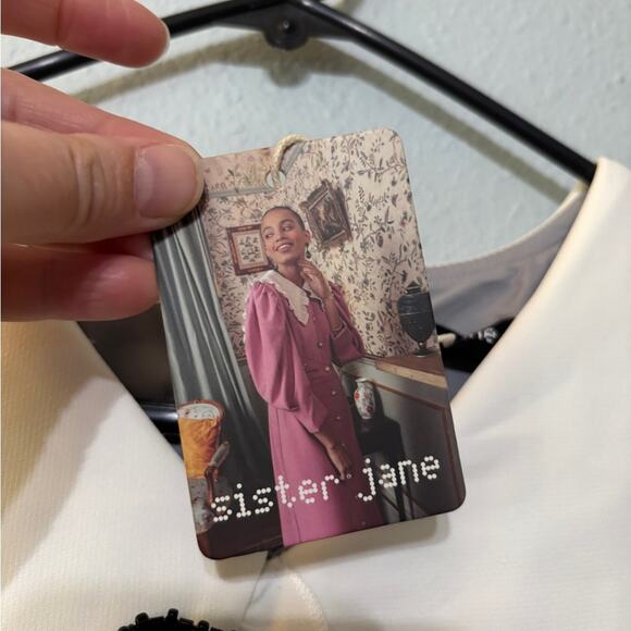 Sister Jane NWT Heron Gray Mini Dress Oversized Collar w/ Beaded Bow M - Picture 10 of 11